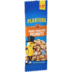 Planters Honey Roasted Peanuts nutrition facts panel highlighting 280 calories per ounce.