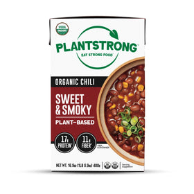 PLANTSTRONG Chili & Stew front label featuring organic ingredients for clean meals.