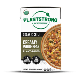 PLANTSTRONG Creamy White Bean Chili can showcasing creamy texture and plant-based protein.