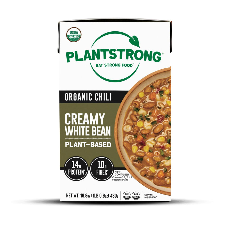 PLANTSTRONG Creamy White Bean Chili can showcasing creamy texture and plant-based protein.