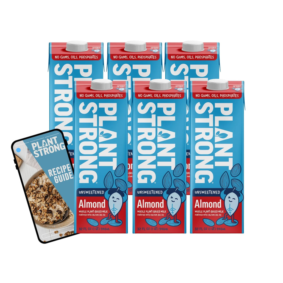 PLANTSTRONG Unsweetened Almond Milk carton front view highlighting clean ingredients and fortification