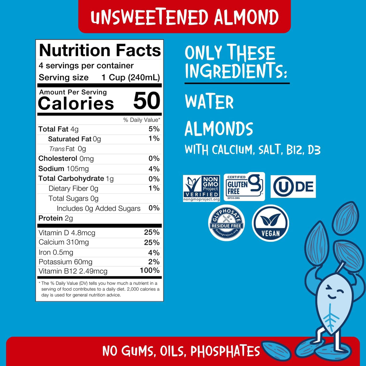 PLANTSTRONG Unsweetened Almond Milk carton side shows nutrition label and non-GMO claim
