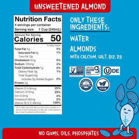 PLANTSTRONG Unsweetened Almond Milk carton side shows nutrition label and non-GMO claim