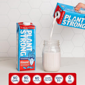 PLANTSTRONG Almond Milk in a cup, smooth vegan latte option