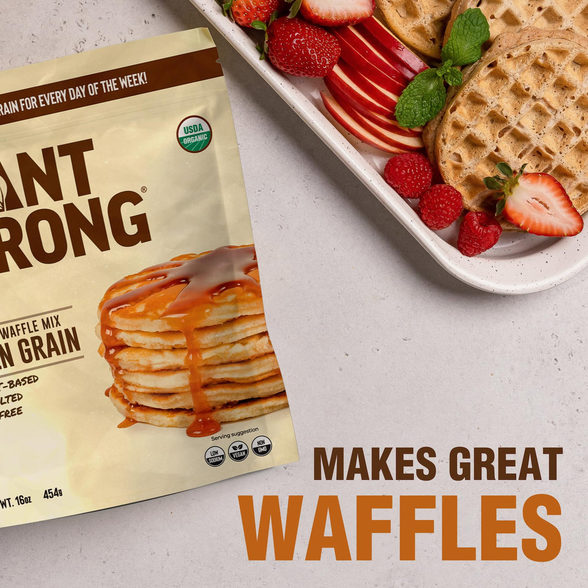 PLANTSTRONG Non-GMO certification logo visible.