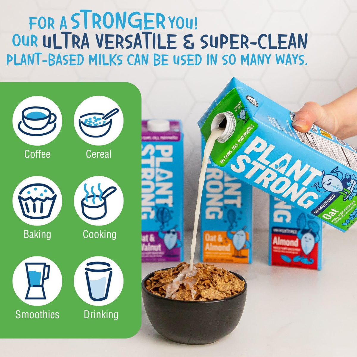 PlantStrong Oat Milk Non-GMO badge signals purity and vegan ingredients