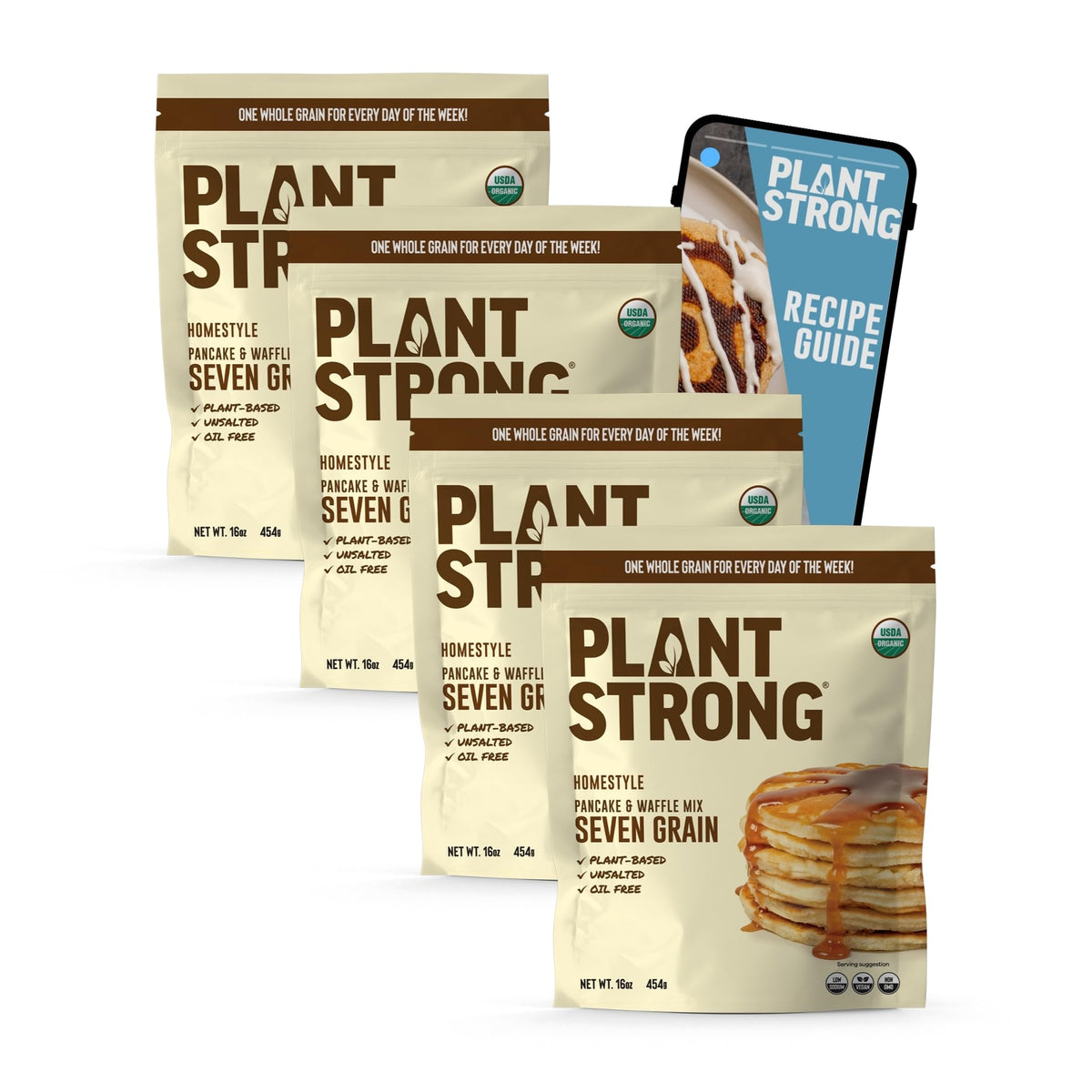 PLANTSTRONG Seven Grain Pancake Mix packshot showcasing a convenient four-pack for easy breakfasts.