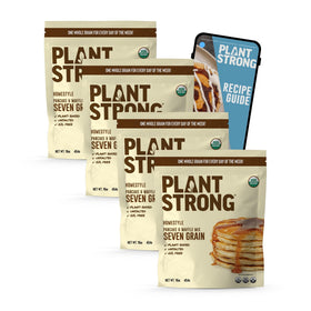PLANTSTRONG Seven Grain Pancake Mix packshot showcasing a convenient four-pack for easy breakfasts.