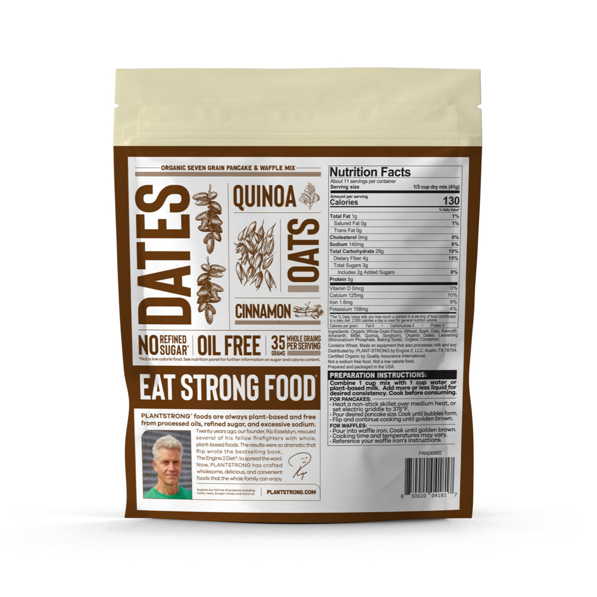 PLANTSTRONG Seven Grain Pancake Mix batter pour demonstrates quick batter prep.