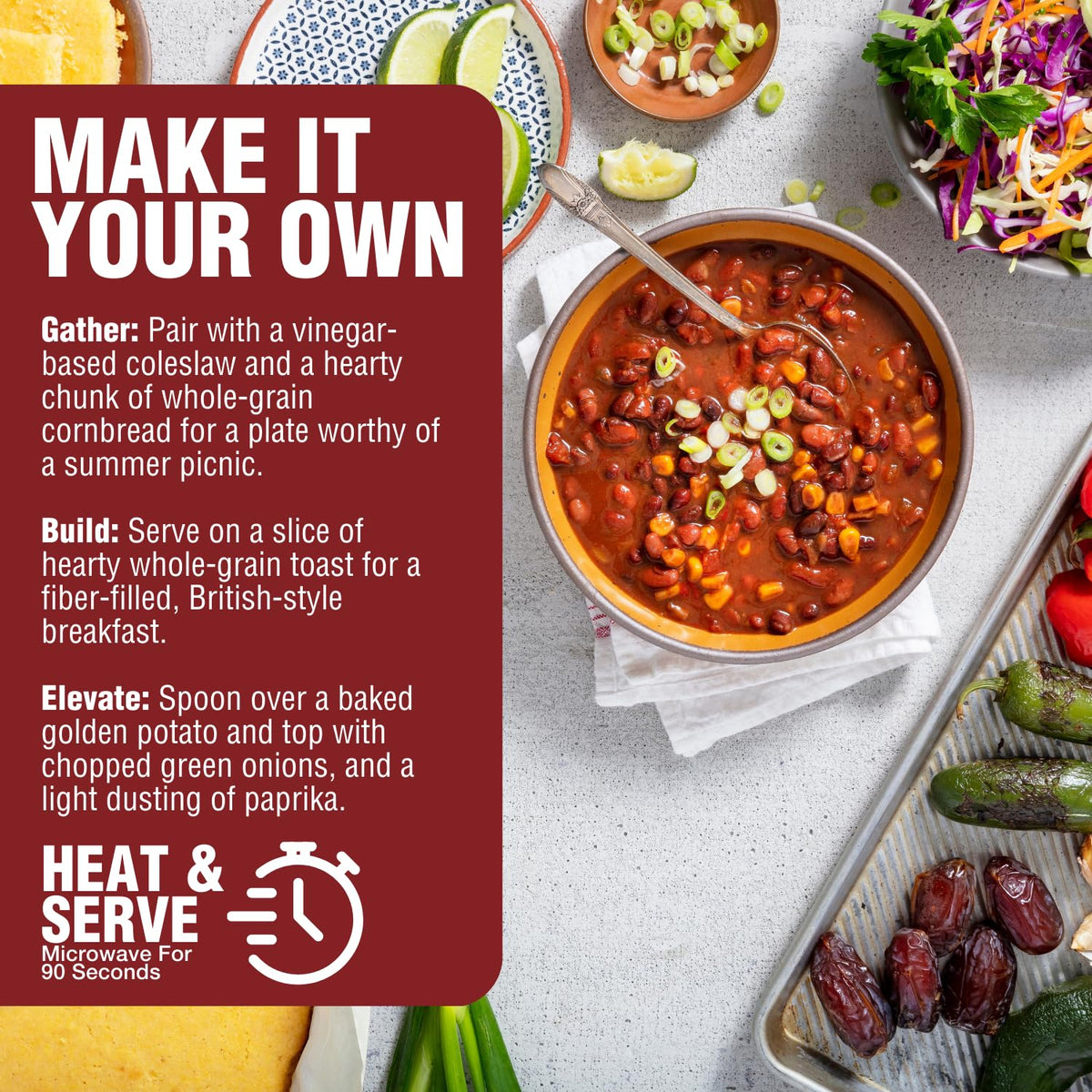 PLANTSTRONG Chili & Stew ingredients close-up highlight beans and spices.