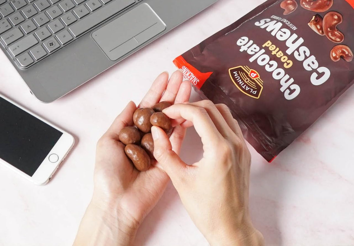 On-the-go Platinum Chocolate Coated Cashews pack ideal for travel and work.