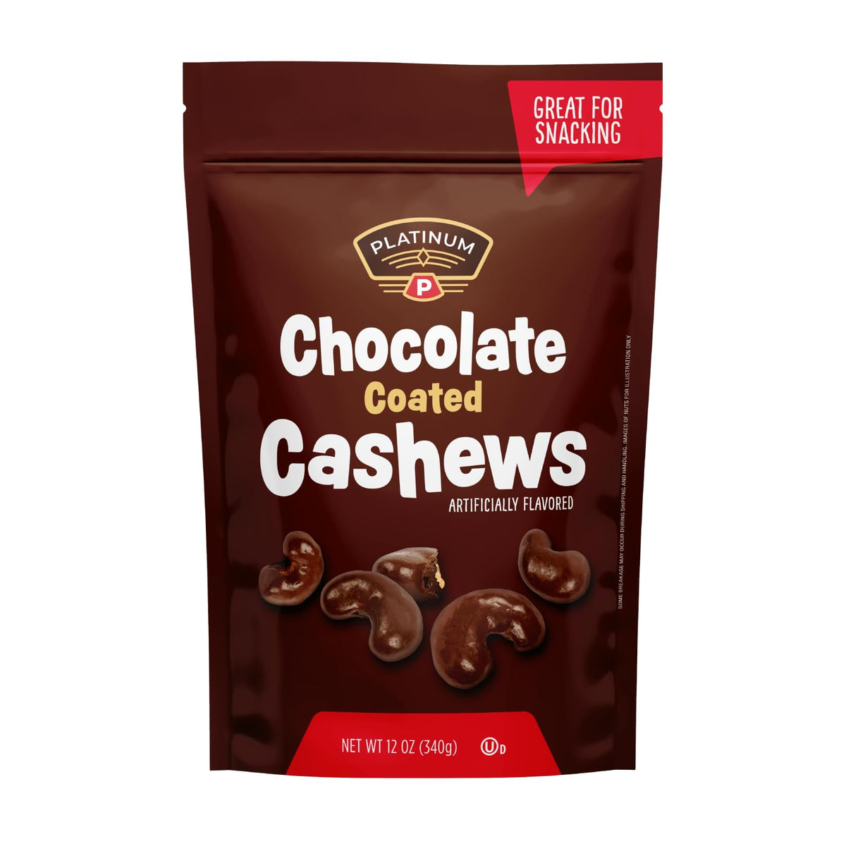 Platinum Chocolate Coated Cashews pack front highlights premium on-the-go snacking.