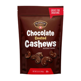 Platinum Chocolate Coated Cashews pack front highlights premium on-the-go snacking.
