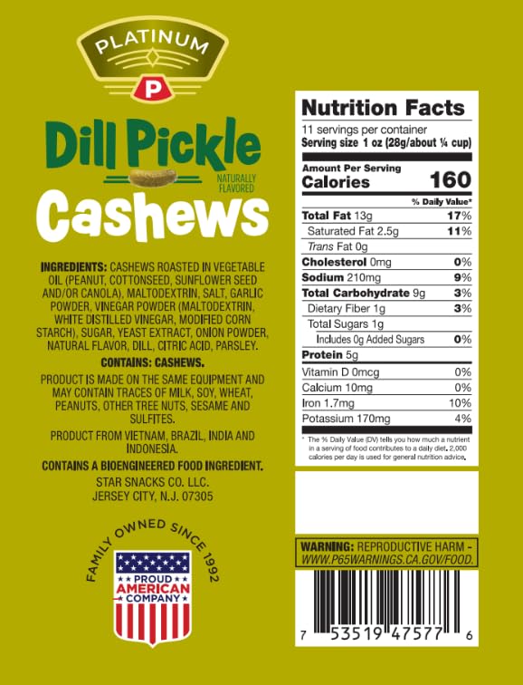 Platinum Dill Pickle Cashews back of pack emphasizes travel-friendly pouch.