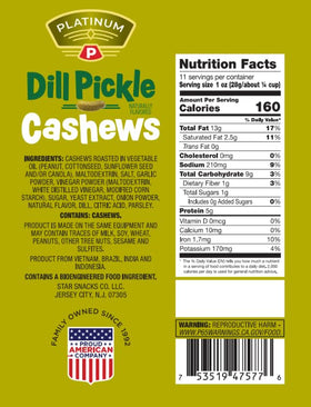 Platinum Dill Pickle Cashews back of pack emphasizes travel-friendly pouch.