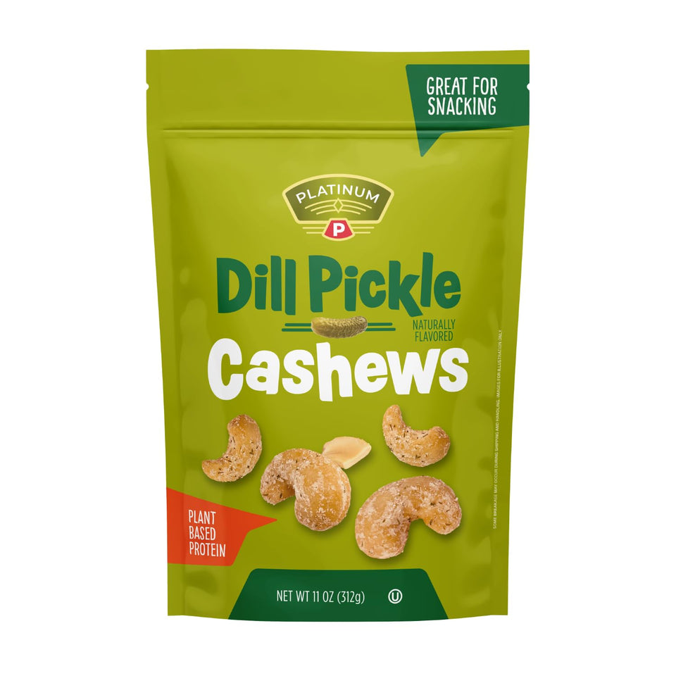 Platinum Dill Pickle Cashews packfront showing the product in a bag for convenient snacking.