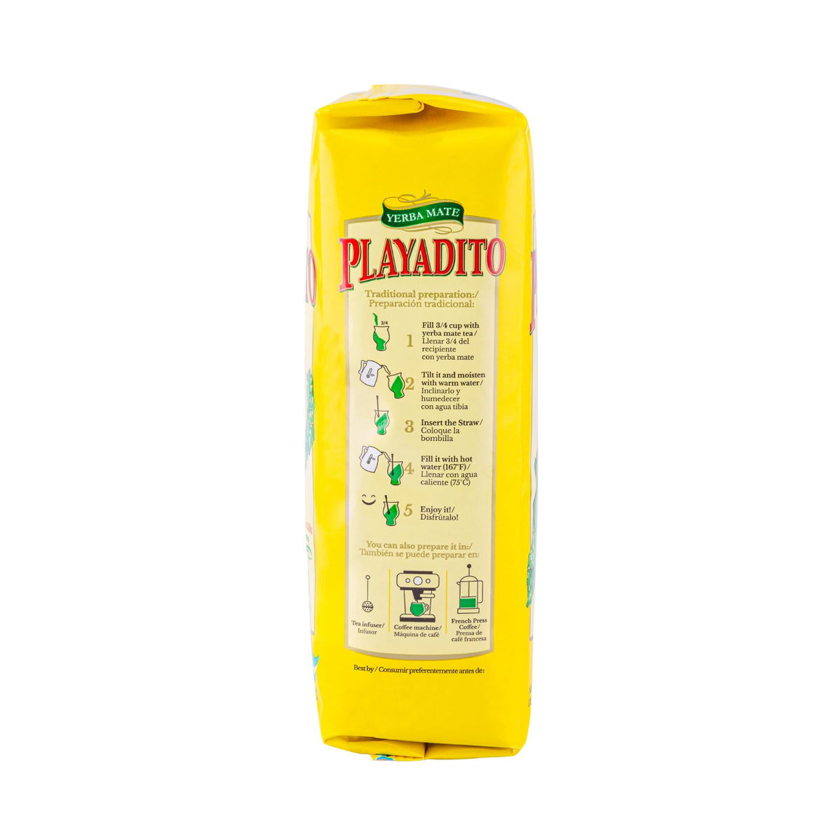 Playadito Yerba Mate pack opened reveals finely chopped leaves ready to brew.