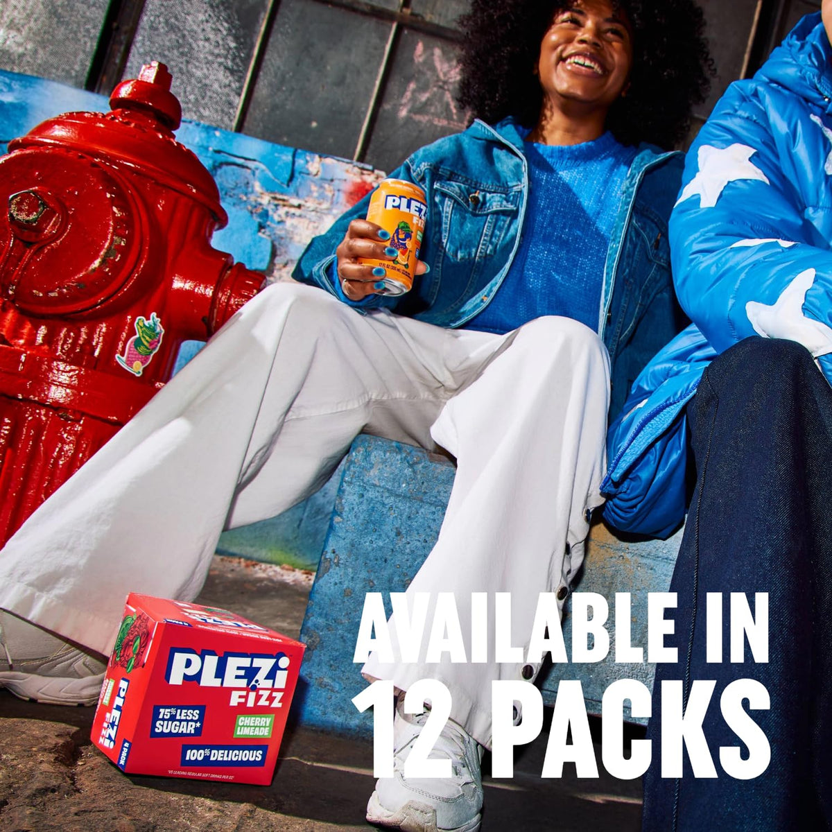 12-pack of Plezi FiZZ Cherry Limeade on a fridge shelf, convenient family option.