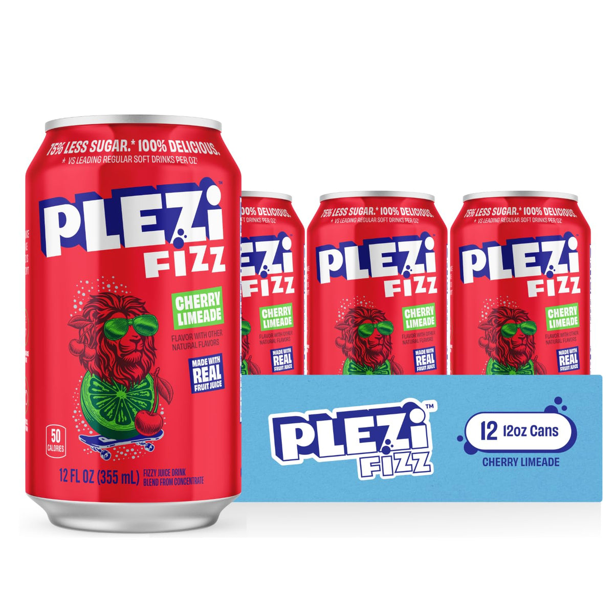 Plezi FiZZ Cherry Limeade can on a clean surface, low-sugar real-fruit refreshment.