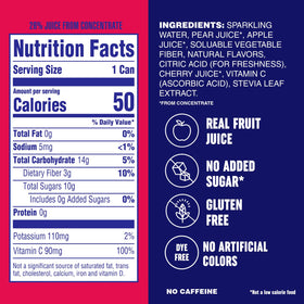 Plezi FiZZ Cherry Limeade label close-up, highlighting real fruit juice ingredients.