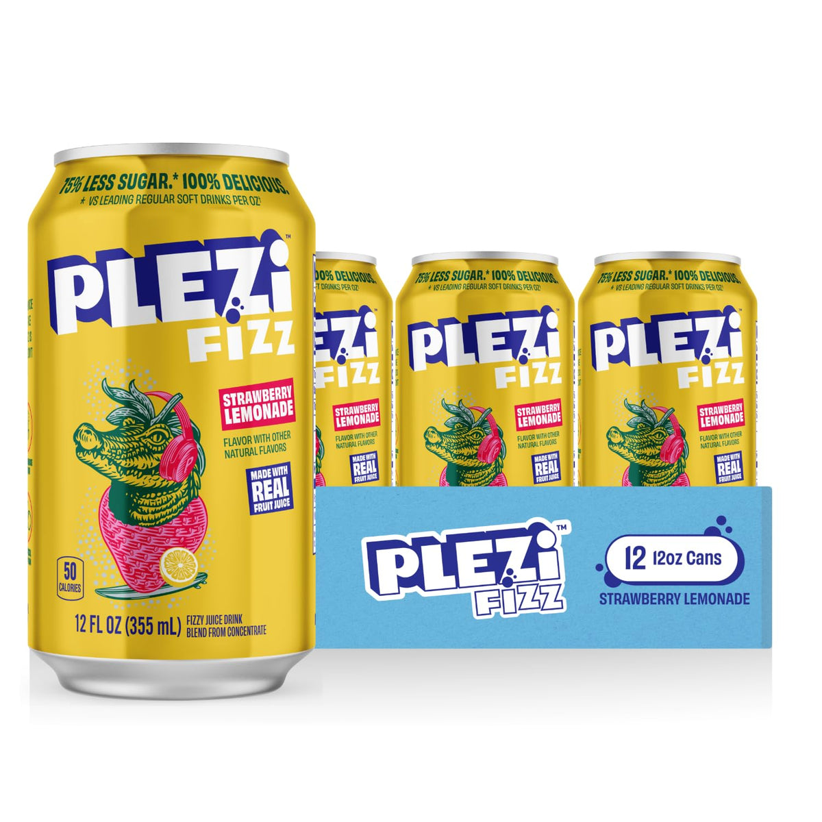 Plezi FiZZ Strawberry Lemonade can front view shows refreshing, low-sugar option.