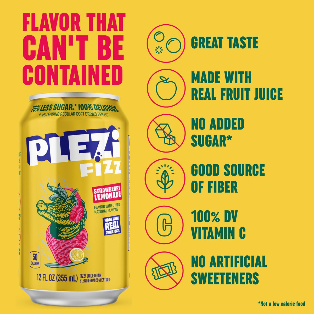 Plezi FiZZ Strawberry Lemonade ingredients closeup highlights real fruit juice for natural taste.