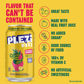 Plezi FiZZ Strawberry Lemonade ingredients closeup highlights real fruit juice for natural taste.