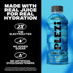 Plezi Berry Boom ingredients panel showing no artificial colors or dyes