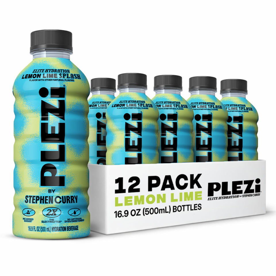 Plezi Hydration Drink Lemon Lime Splash bottle showcases real juice and balanced electrolytes.