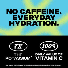 Plezi hydration ingredients label shows caffeine-free formula.