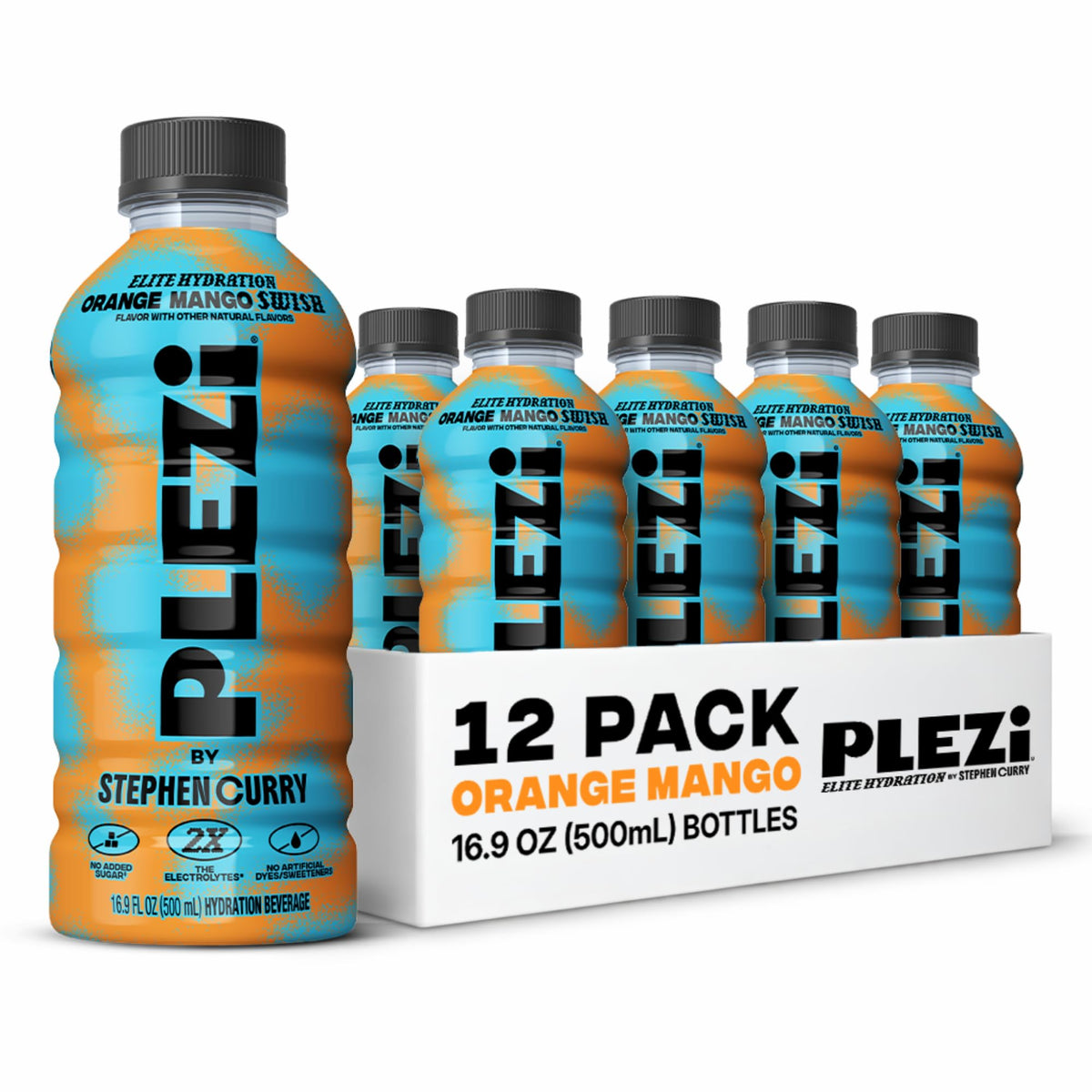 Plezi Hydration Drink Orange Mango Swish bottle showing real juice without added sugar