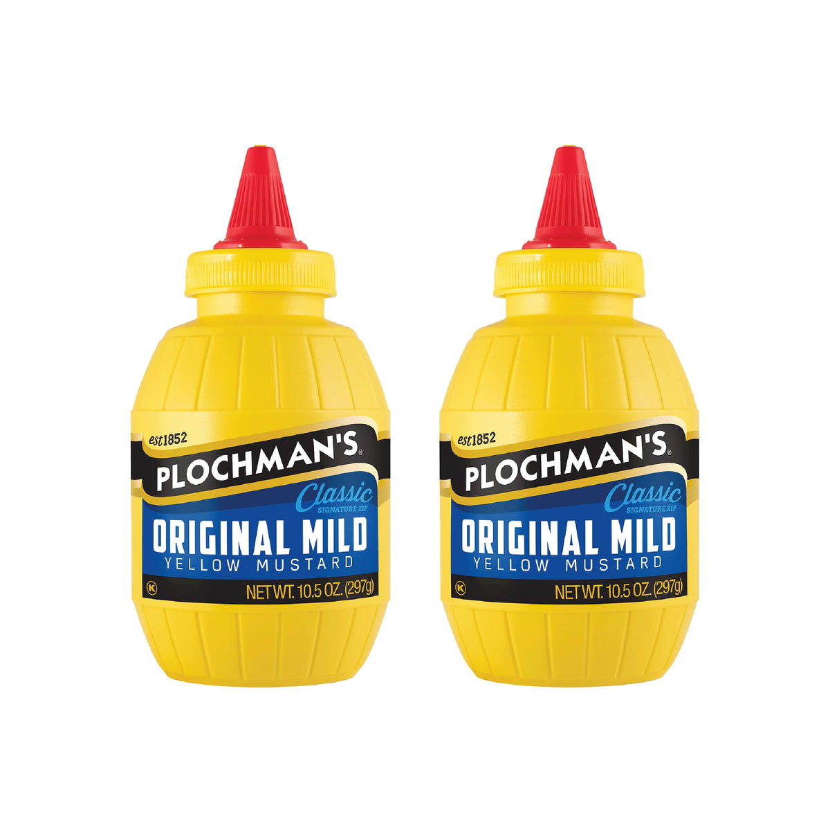 Plochman's Original Mild Yellow Mustard bottle pour adds tang to sandwiches.