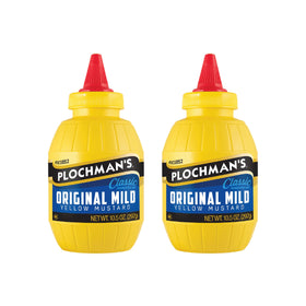 Plochman's Original Mild Yellow Mustard bottle pour adds tang to sandwiches.