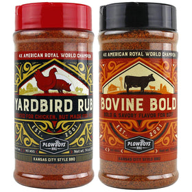 Plowboys BBQ classic rub bottle enhances grilled dishes with balanced heat and sweetness.