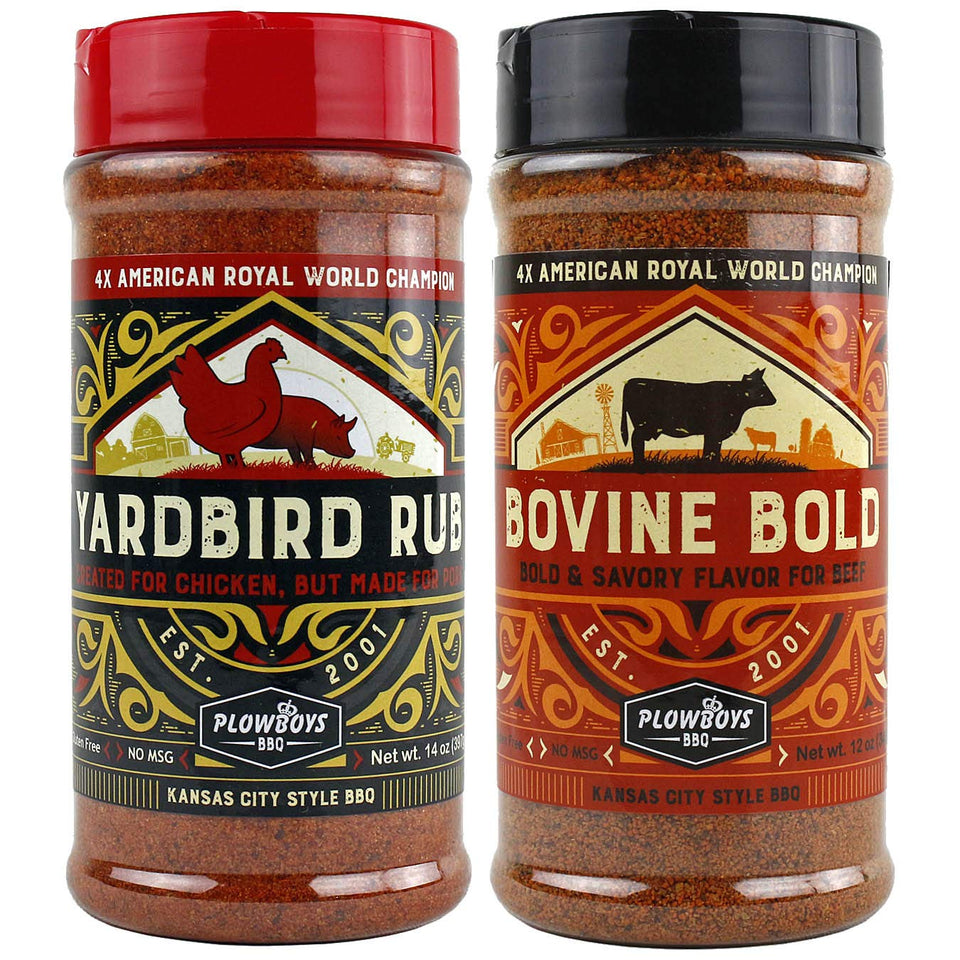 Plowboys BBQ classic rub bottle enhances grilled dishes with balanced heat and sweetness.
