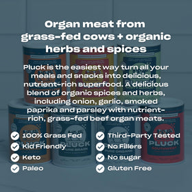 Pluck Original Organ Meat Blend bottle closeup reveals quality texture