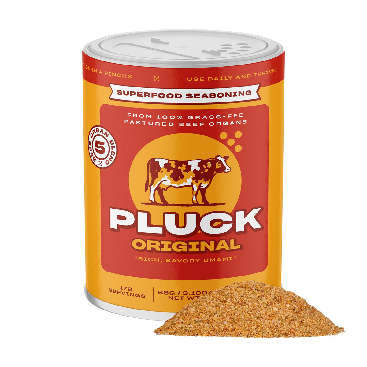 Pluck Original Organ Meat Blend bottle front, premium seasoning for versatile cooking