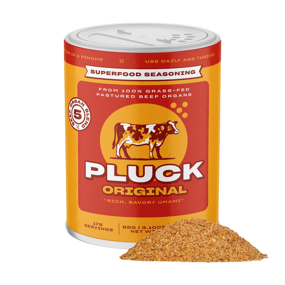Pluck Original Organ Meat Blend bottle front, premium seasoning for versatile cooking