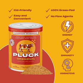 Pluck Original Organ Meat Blend packaging diagram emphasizes sourcing and labels