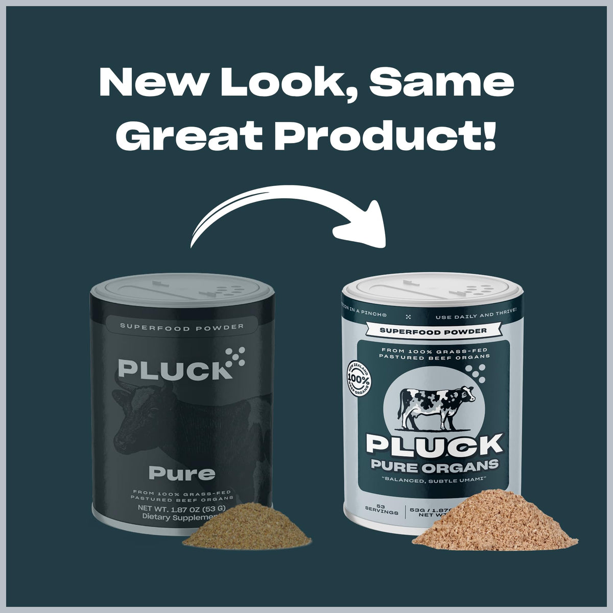 PLUCK Pure Beef Organs Powder heart image highlights protein-dense heart for energy support.