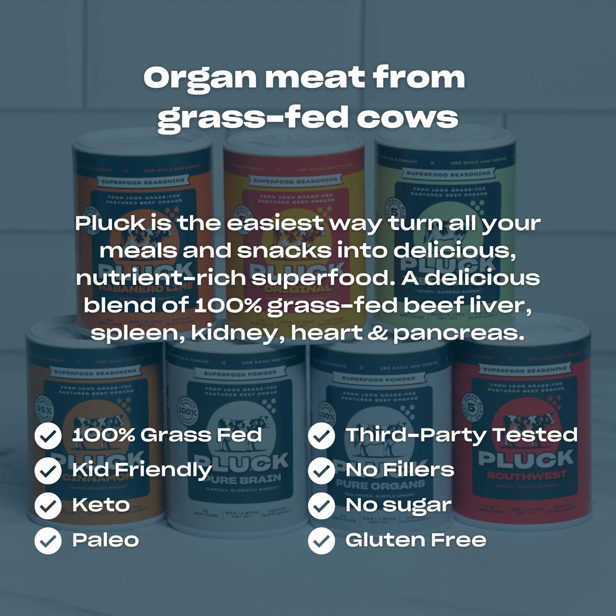 PLUCK Pure Beef Organs Powder pancreas shot highlights comprehensive nutrition from five organs.