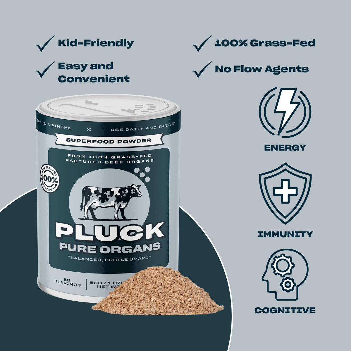 PLUCK Pure Beef Organs Powder spleen image conveys versatile organ blend benefits.