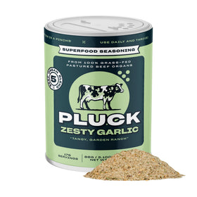 PLUCK Zesty Garlic seasoning bottle on shelf boosts flavor easily