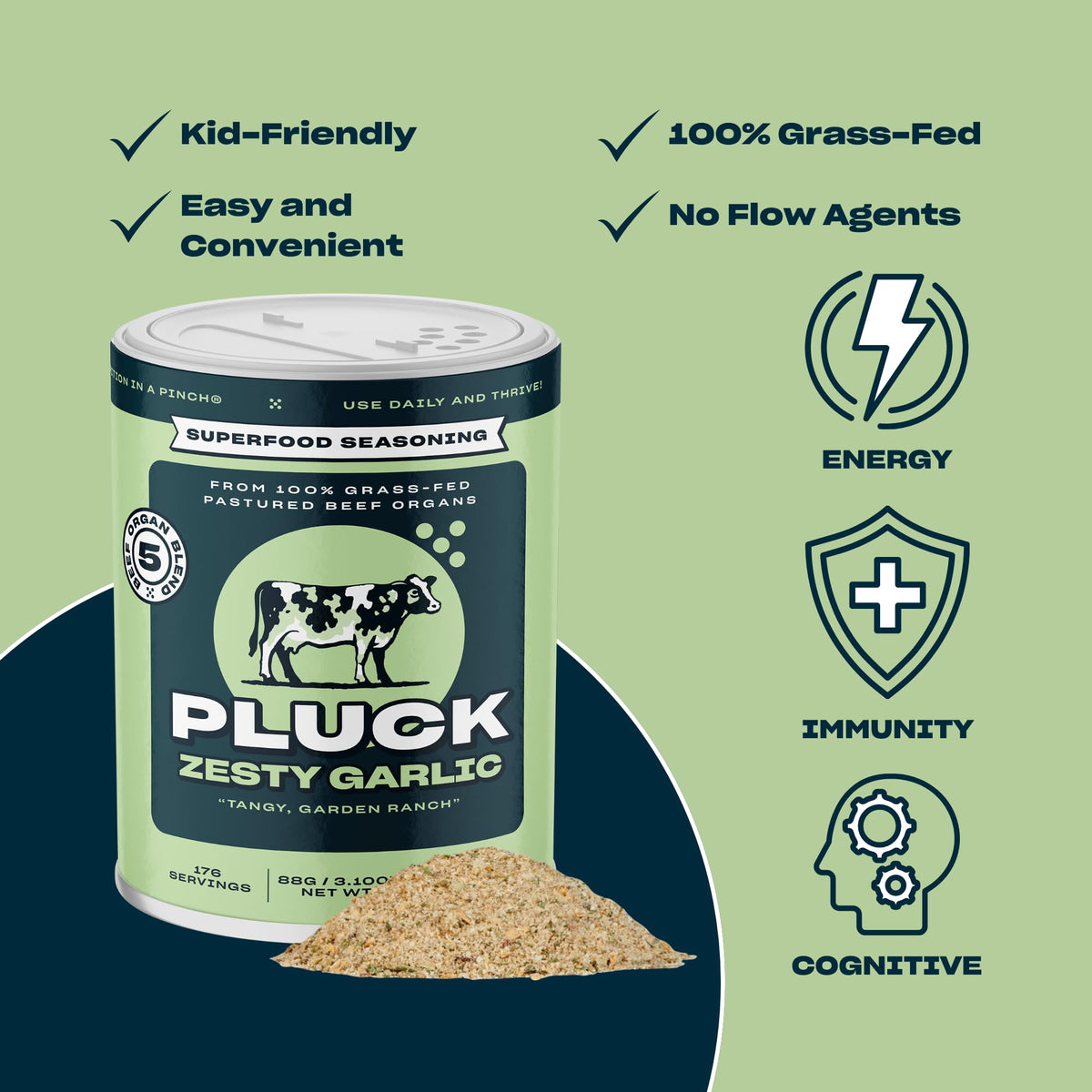 PLUCK Zesty Garlic label highlights grass-fed organ blend