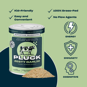 PLUCK Zesty Garlic label highlights grass-fed organ blend