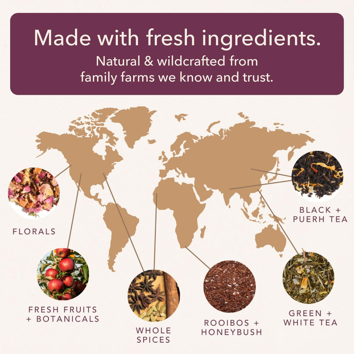 Ethically sourced ingredients in Plum Deluxe loose-leaf teas.