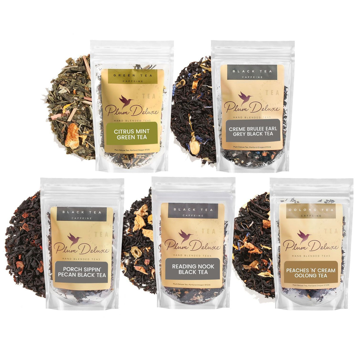 Plum Deluxe loose-leaf sampler collection showing five blends.