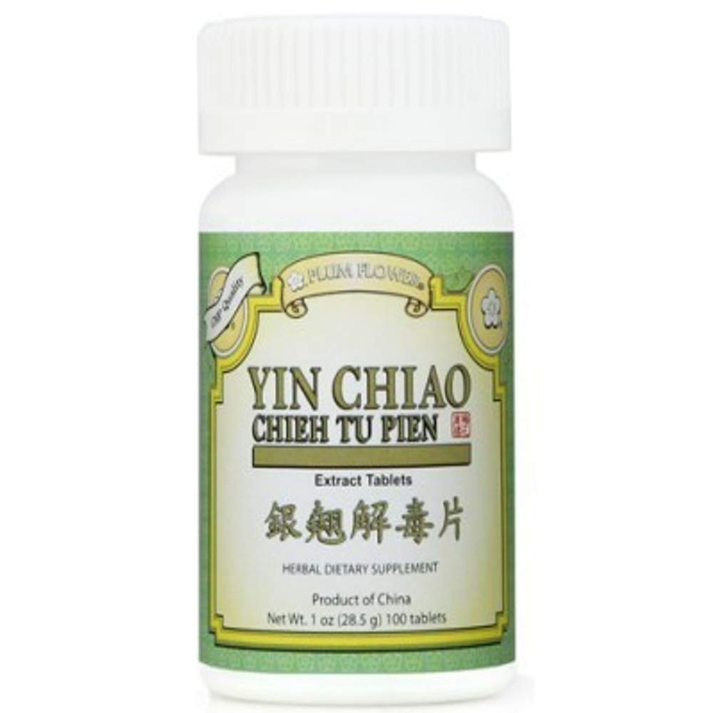 Plum Flower Yin Chiao Chieh Tu tablets bottle shown; GMP quality.
