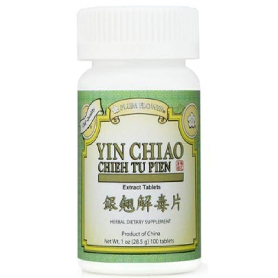 Plum Flower Yin Chiao Chieh Tu tablets bottle shown; GMP quality.