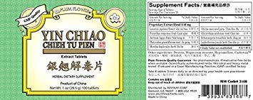 Plum Flower Yin Chiao Chieh Tu tablets packaging image; unsulfured and preservative-free.